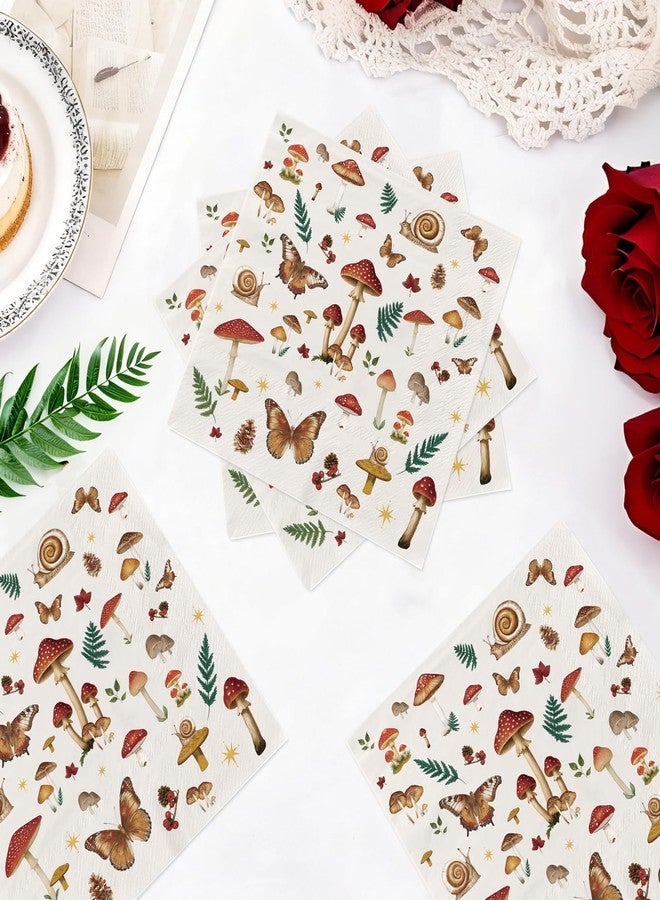 Grencian 100Pcs Vintage Mushroom Paper Napkins 3 Ply Woodland Forest Theme Disposable Absorbent Hand Towels Mushroom Plants Party Guest Napkins for Kids Boys Girls Spring Baby Shower Birthday Party Supplies - Image 2