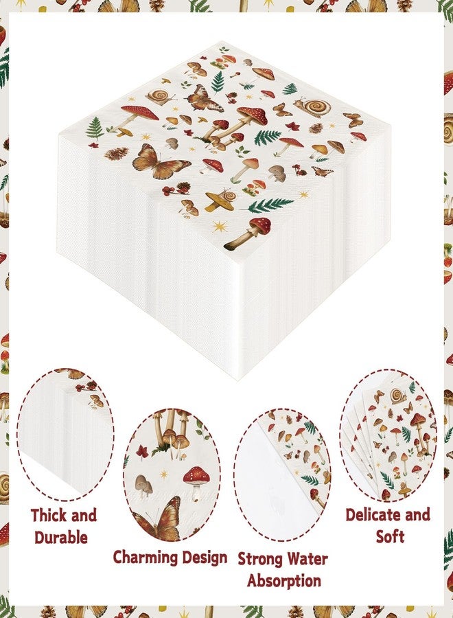 Grencian 100Pcs Vintage Mushroom Paper Napkins 3 Ply Woodland Forest Theme Disposable Absorbent Hand Towels Mushroom Plants Party Guest Napkins for Kids Boys Girls Spring Baby Shower Birthday Party Supplies - Image 3
