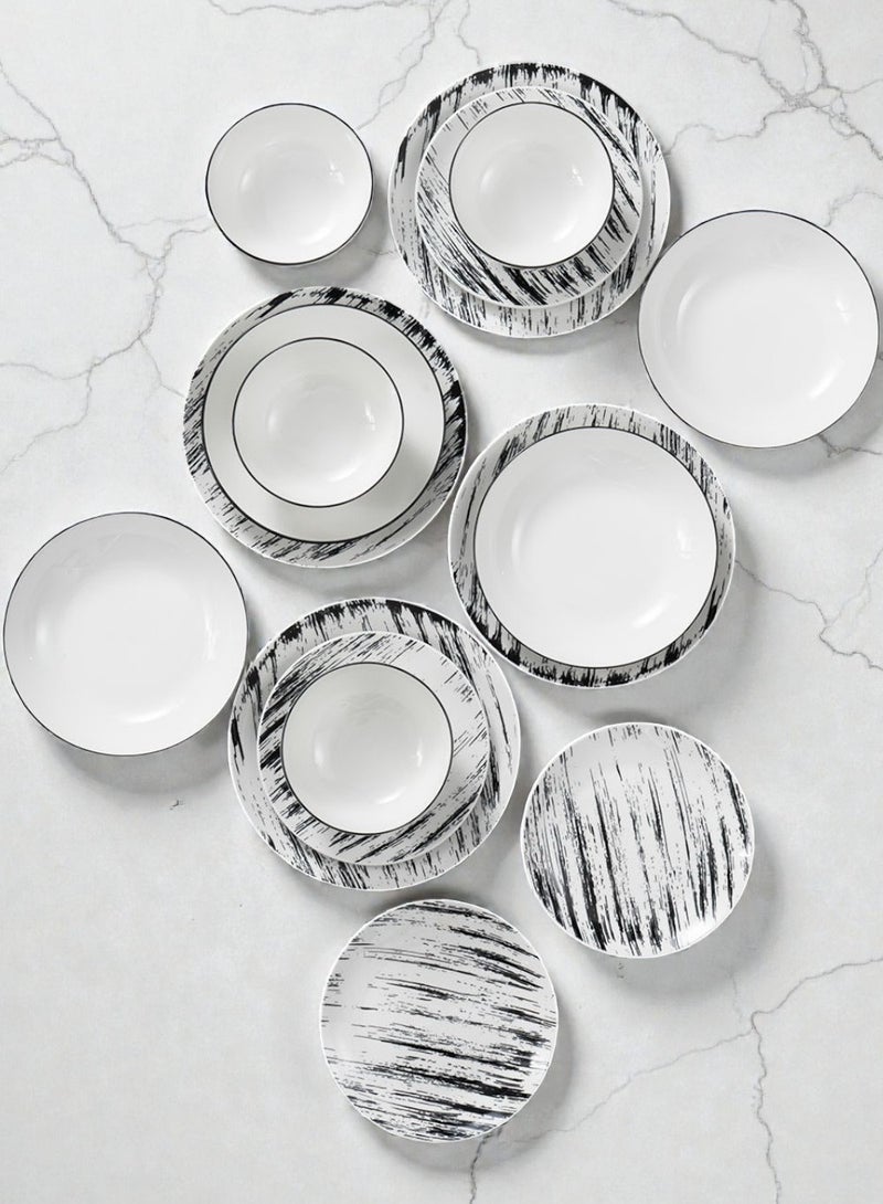 ايست من نون طقم سفرة من البورسلين مكون من 16 قطعة، يكفي لـ 4 أشخاص، قابل للاستخدام في الميكروويف وغسالة الصحون، باللون الأبيض و خطوط سوداء - Image 2