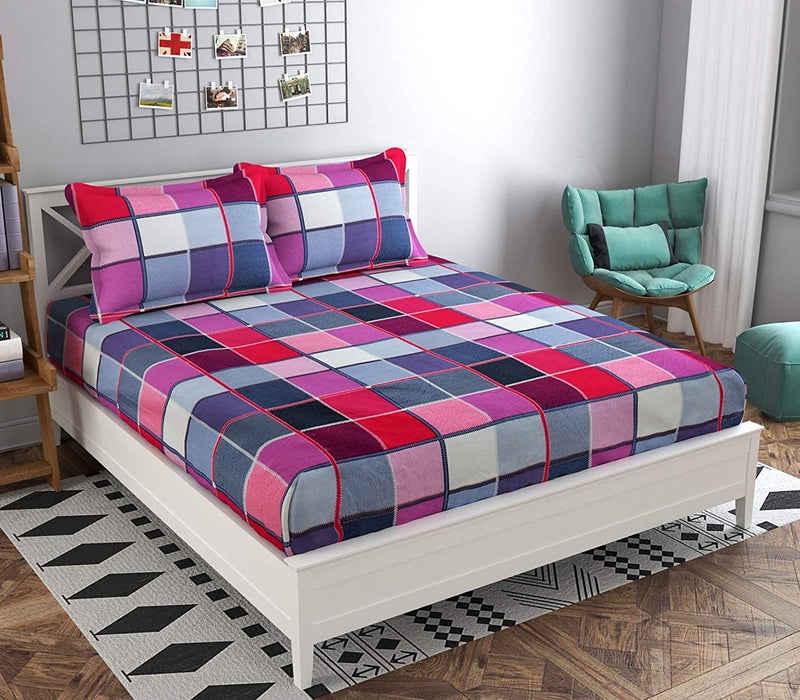 TIB The Intellect Bazaar Cotton Feel Glace Cotton Elastic Fitted King Size Double Bedsheet with 2 Pillow Covers (72” x 78” or 182x152 Cm) Multi - Image 4