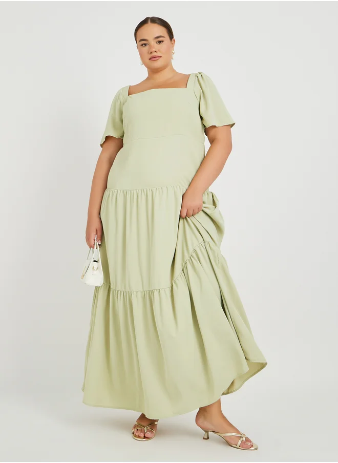 ستايلي Plus Size Puff Sleeve Square Neck Tiered Maxi Dress