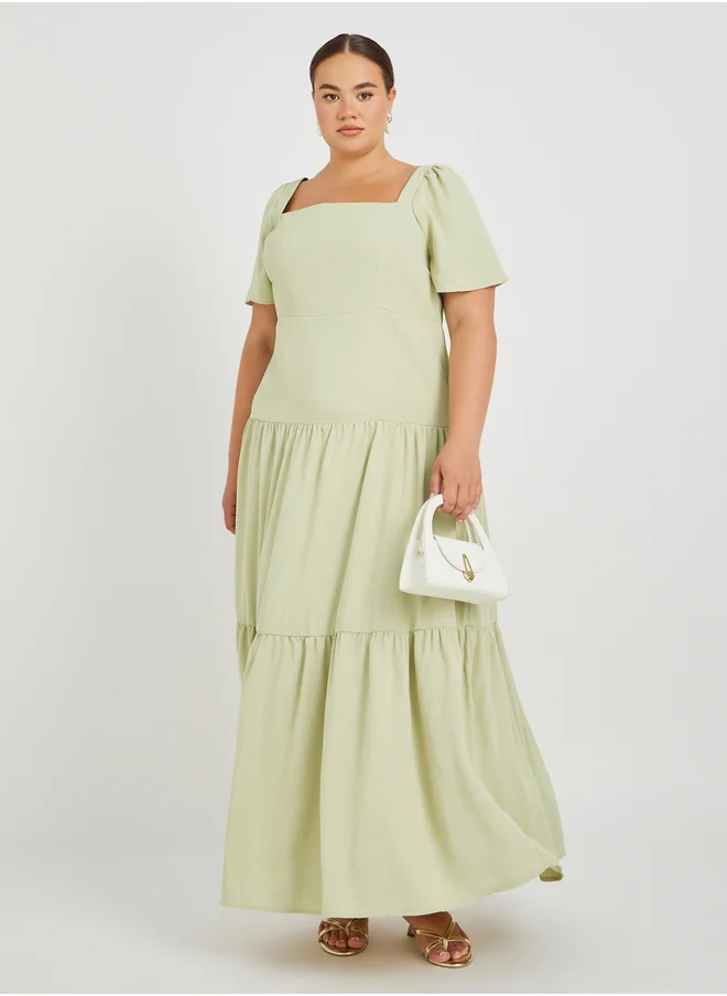 ستايلي Plus Size Puff Sleeve Square Neck Tiered Maxi Dress