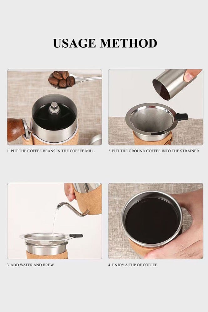 مَجْمُوعَةُ أَدَوَاتِ تَحْضِيرِ القَهْوَةِ اليَدَوِي طَاحُونَةُ قَهْوَةٍ يَدَوِيَّةٌ مُحْتَرِفَة أَدَوَاتُ قَهْوَةٍ لِلسَّفَر تَغْلِيفُ عُلَبِ هَدَايَا فَاخِرَة 4 فِي 1 - Image 4