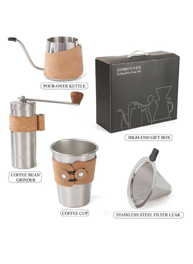 Portable Hand Drip Coffee Set – 4-Piece Stainless Steel & Cork Anti-Scald Design, Freshly Ground & Brewed, Create Your Private Café at Home, Camping, or Office​ - Image 3
