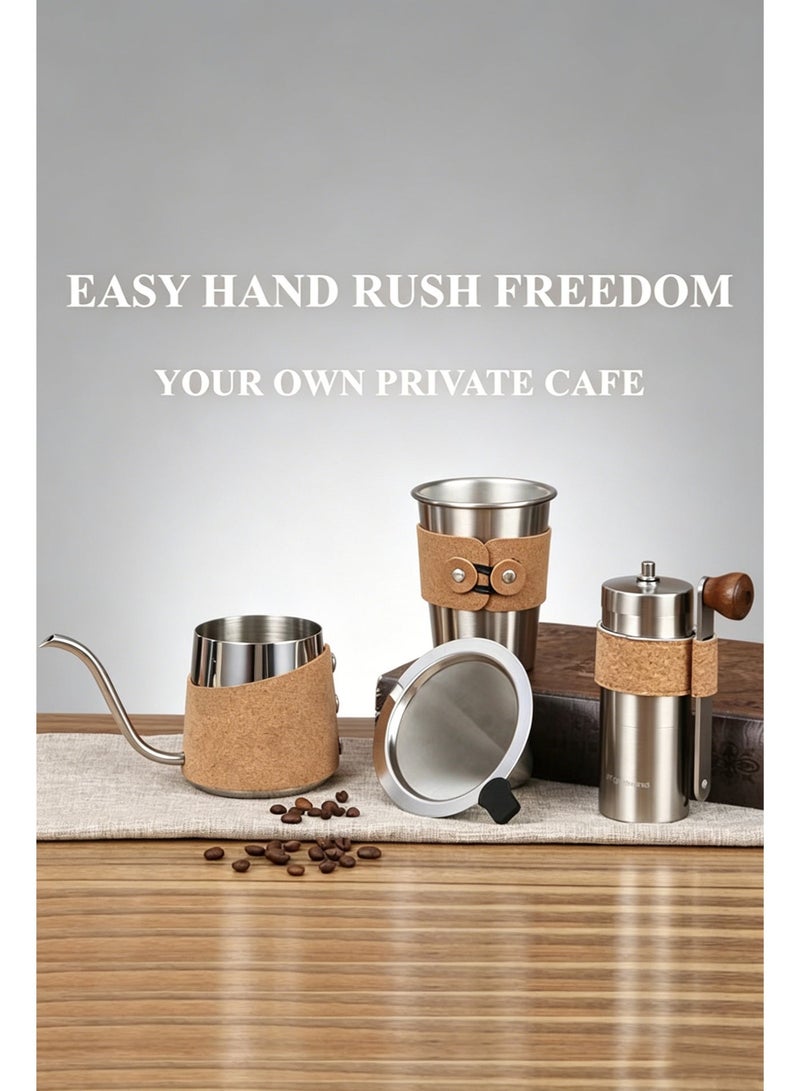 Portable Hand Drip Coffee Set – 4-Piece Stainless Steel & Cork Anti-Scald Design, Freshly Ground & Brewed, Create Your Private Café at Home, Camping, or Office​ - Image 1