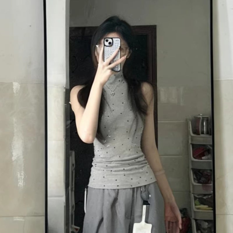 Women's Light Grey Mock Neck Polka Dot Sleeveless Slim Fit Cami - Image 1
