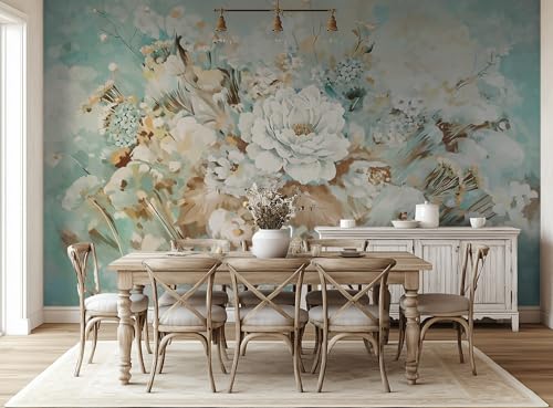 ASJ Vintage Floral Wall Mural – Large White Peony Bloom on Blue Background, Removable Peel and Stick Wallpaper for Dining Room, Living Room, or Bedroom Decor - Image 2