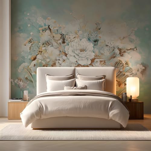 ASJ Vintage Floral Wall Mural – Large White Peony Bloom on Blue Background, Removable Peel and Stick Wallpaper for Dining Room, Living Room, or Bedroom Decor - Image 1