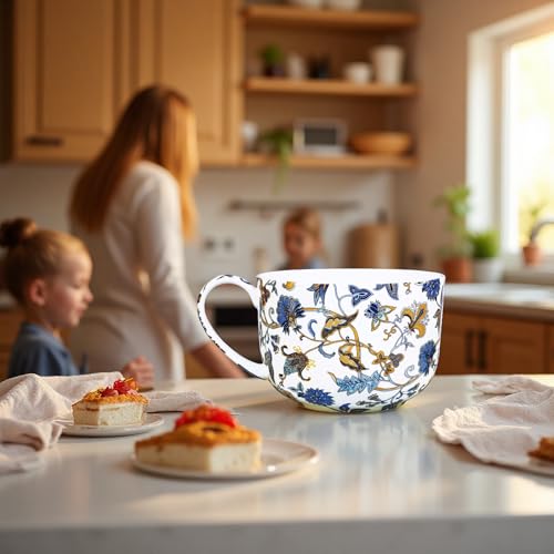 LanHong 25 Ounce Bone China Soup Bowls with Handles Large Soup Mug for Coffee Cereal Oatmeal Latte Flora Soup Bowl Bone China Soup Cup Microwave Safe (Blue) - Image 3