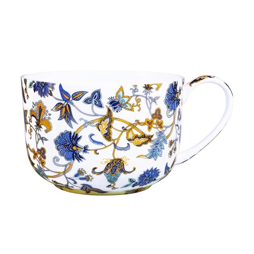 LanHong 25 Ounce Bone China Soup Bowls with Handles Large Soup Mug for Coffee Cereal Oatmeal Latte Flora Soup Bowl Bone China Soup Cup Microwave Safe (Blue) - Image 1