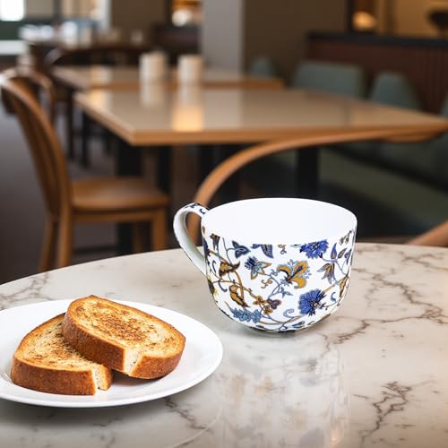 LanHong 25 Ounce Bone China Soup Bowls with Handles Large Soup Mug for Coffee Cereal Oatmeal Latte Flora Soup Bowl Bone China Soup Cup Microwave Safe (Blue) - Image 5
