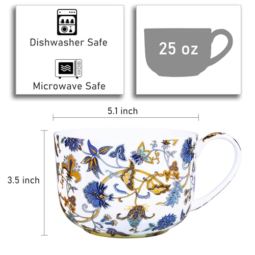 LanHong 25 Ounce Bone China Soup Bowls with Handles Large Soup Mug for Coffee Cereal Oatmeal Latte Flora Soup Bowl Bone China Soup Cup Microwave Safe (Blue) - Image 2