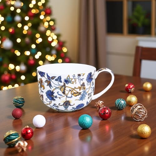 LanHong 25 Ounce Bone China Soup Bowls with Handles Large Soup Mug for Coffee Cereal Oatmeal Latte Flora Soup Bowl Bone China Soup Cup Microwave Safe (Blue) - Image 4