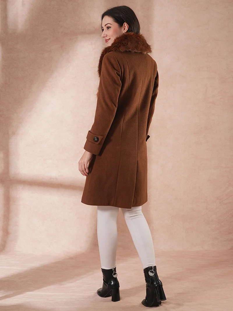 globus Women Single-Breasted Faux Fur Trim Tailored Fit Winter Wear Overcoat