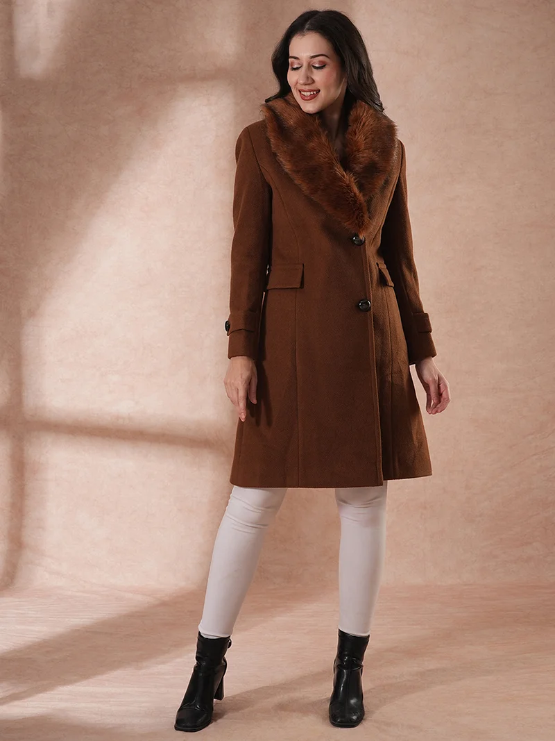 globus Women Single-Breasted Faux Fur Trim Tailored Fit Winter Wear Overcoat