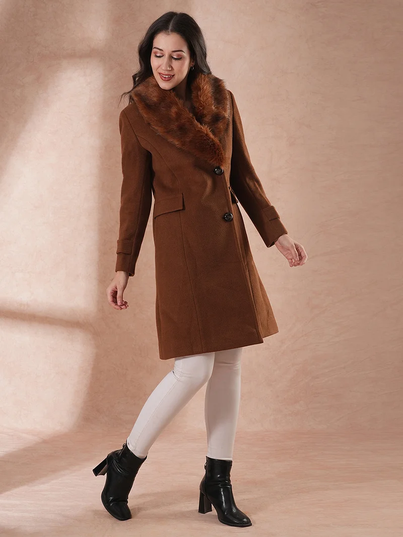 globus Women Single-Breasted Faux Fur Trim Tailored Fit Winter Wear Overcoat