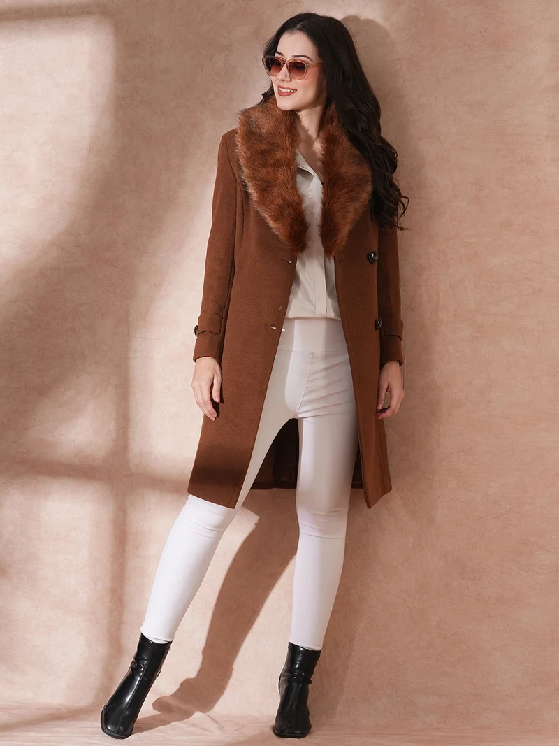 globus Women Single-Breasted Faux Fur Trim Tailored Fit Winter Wear Overcoat
