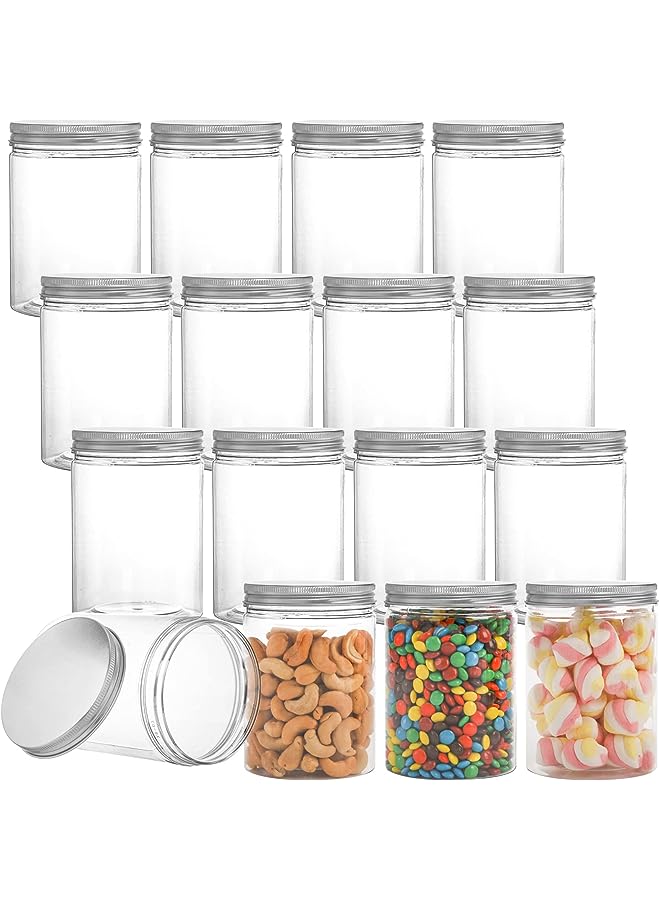 Tebery 16 Pack Clear Plastic Jars Bottles Containers with Silver Ribbed Lids 20oz Straight Cylinders Storage Canisters for Food & Home Storage - Image 1