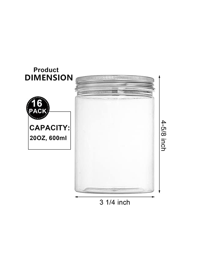Tebery 16 Pack Clear Plastic Jars Bottles Containers with Silver Ribbed Lids 20oz Straight Cylinders Storage Canisters for Food & Home Storage - Image 3