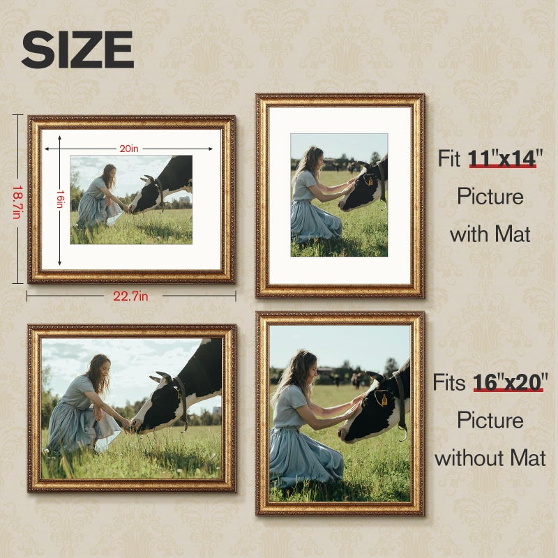 Splinterix 16x20 Gold Picture Frame, 2 Pack Ornate Vintage Picture Frames for Wall or Tabletop Display, 16x20 Photo Frame Gold with Plexialass, Display Poster 11x14 with Mat or 16x 20 without Mat for Antique DÃ©co - Image 2
