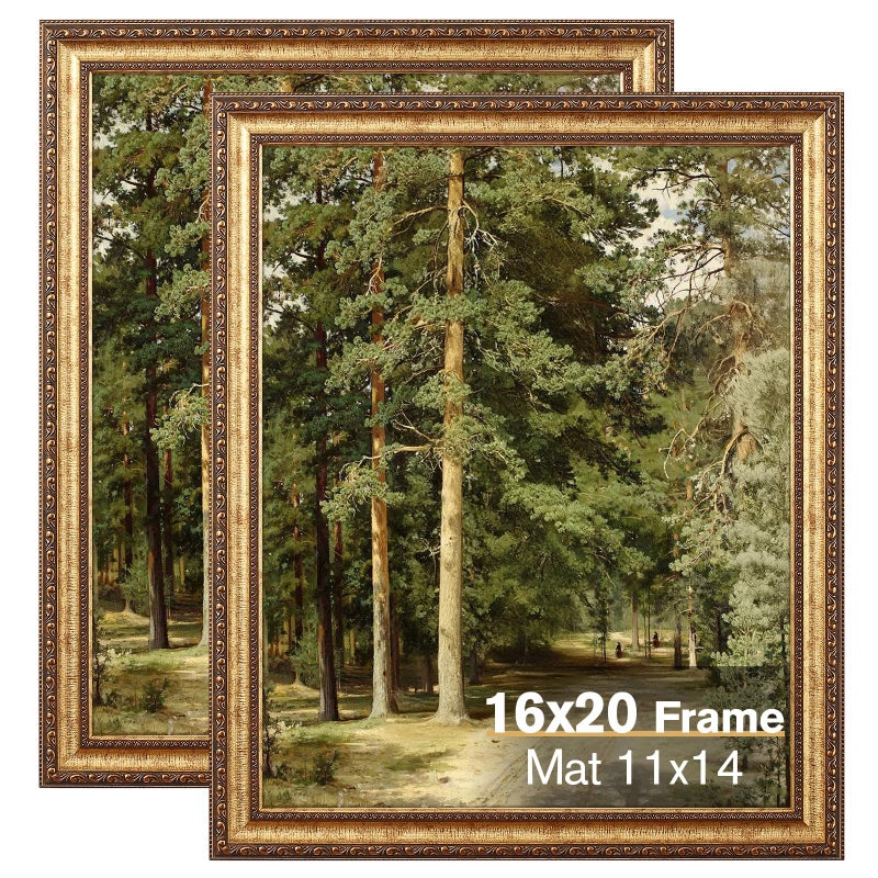 Splinterix 16x20 Gold Picture Frame, 2 Pack Ornate Vintage Picture Frames for Wall or Tabletop Display, 16x20 Photo Frame Gold with Plexialass, Display Poster 11x14 with Mat or 16x 20 without Mat for Antique DÃ©co - Image 1