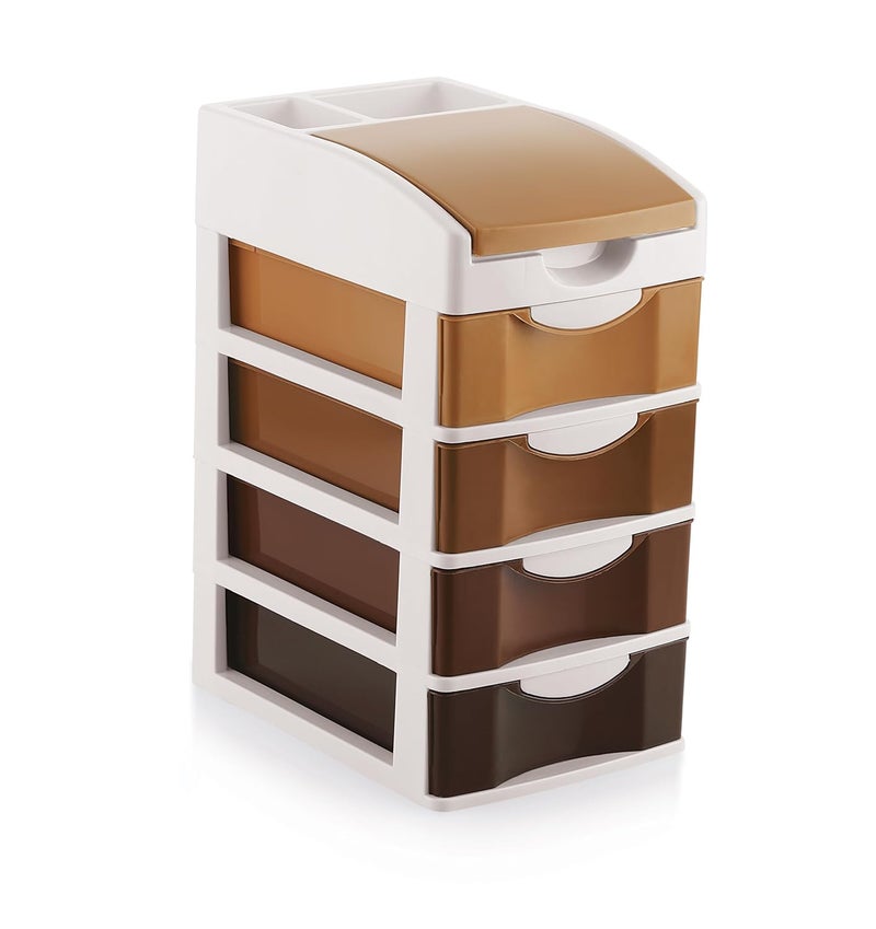 Nabhya Small Size Desktop Cosmetic & Make-up Organizers Drawer MulitPurpose Drawer Rack Organizers (Brown, 4 Layer) - Image 1