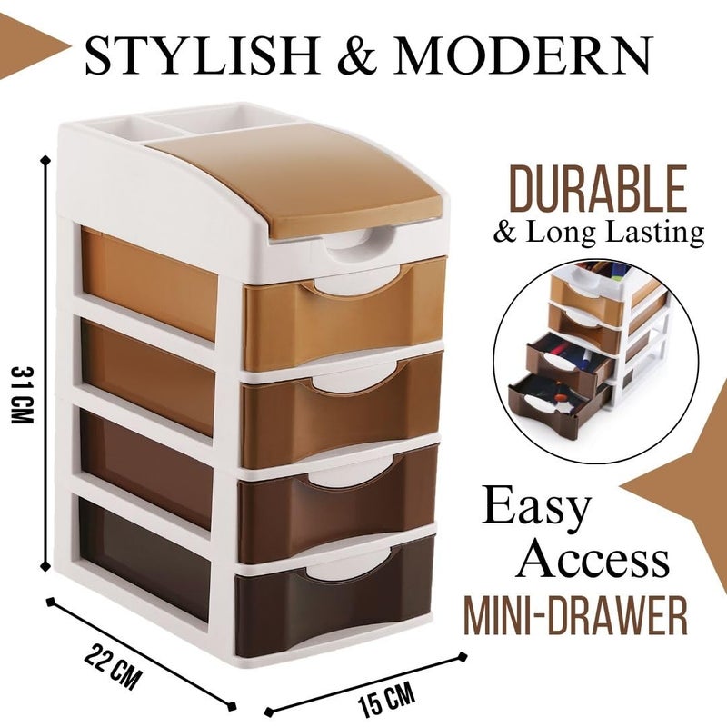 Nabhya Small Size Desktop Cosmetic & Make-up Organizers Drawer MulitPurpose Drawer Rack Organizers (Brown, 4 Layer) - Image 2