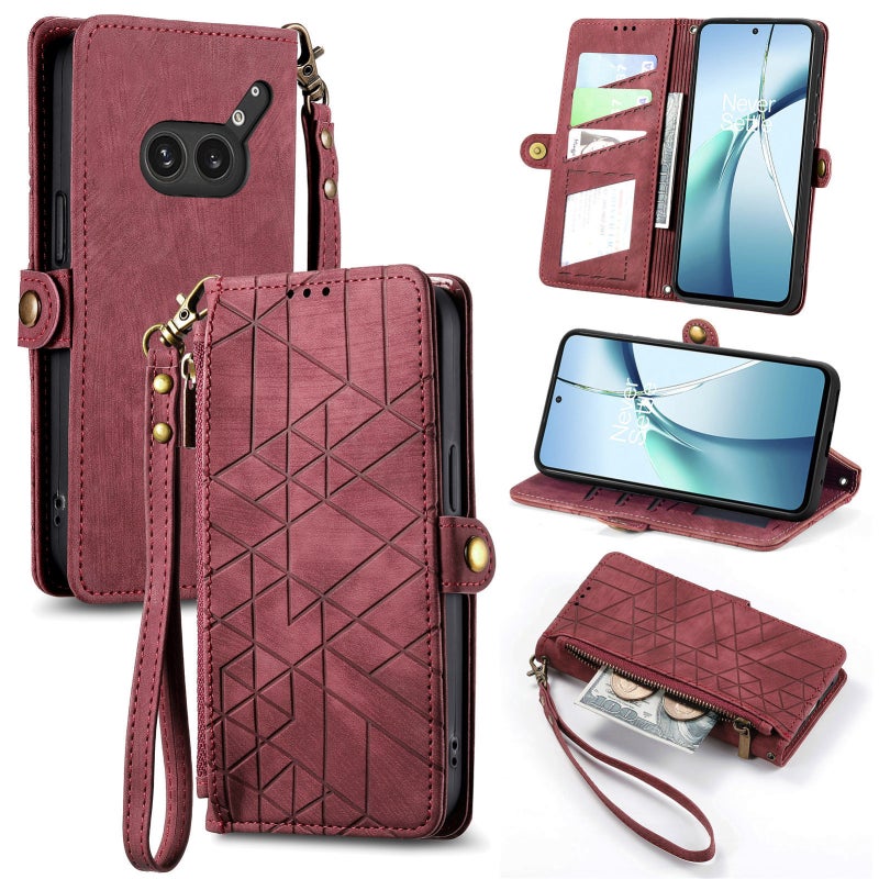 HuHa Case Cover For Nothing Phone 2a Plus Geometric Zipper Wallet Side Buckle Leather Phone Case(Red) - Image 1