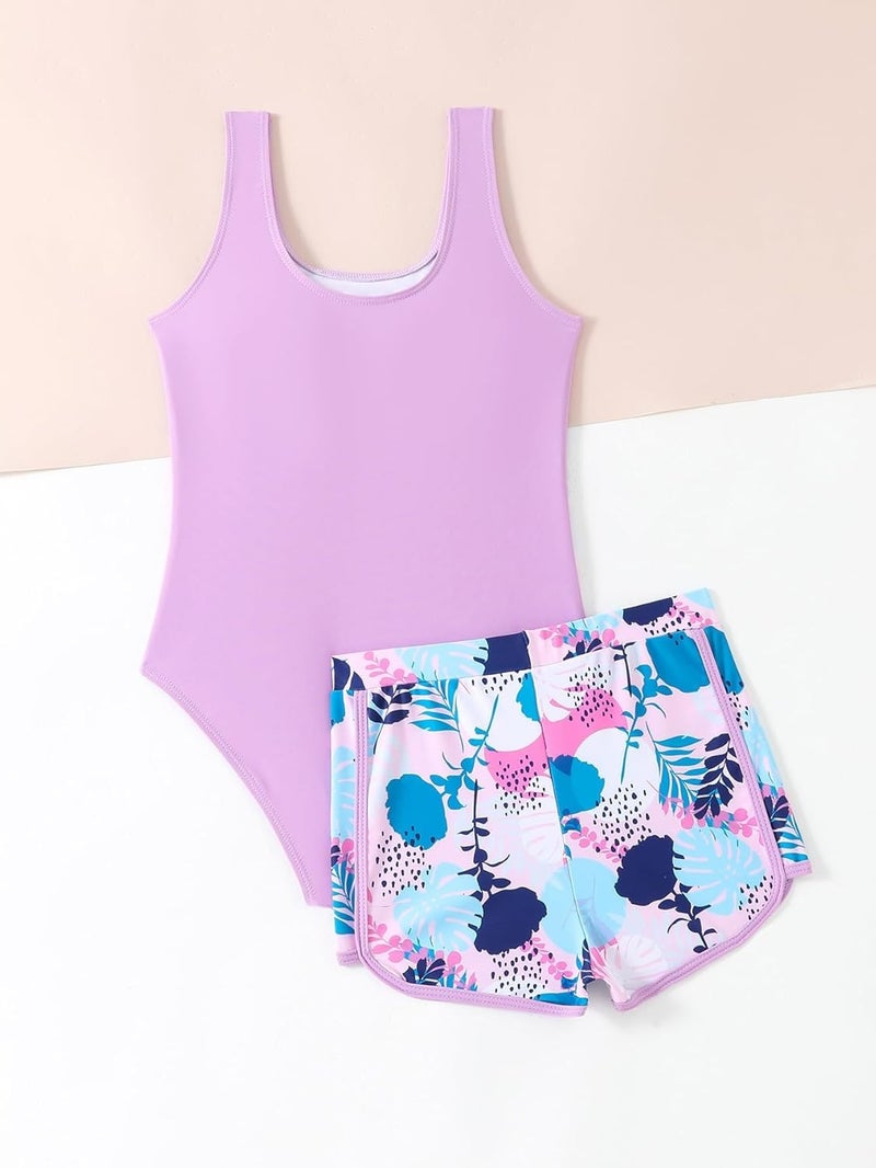 BLUEJW Girls Swimming Costume Tween Girl One Piece Swimsuit with Shorts Young Girls Floral Swimwear Bathing Suit - Image 1