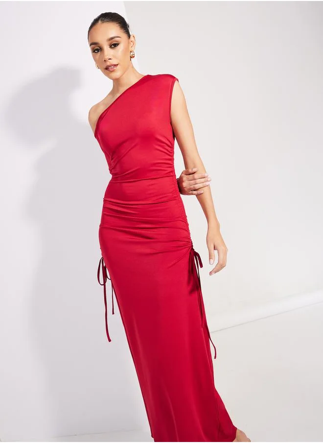 Styli Ruched Side Asymmetric Neck Bodycon Maxi Dress