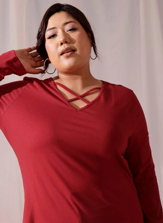 CURVY STREET Red V-Neck Cotton T-Shirt for Women