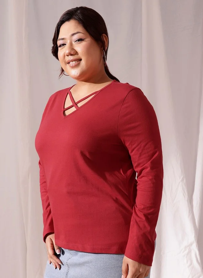 CURVY STREET Red V-Neck Cotton T-Shirt for Women