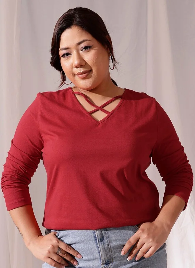 CURVY STREET Red V-Neck Cotton T-Shirt for Women