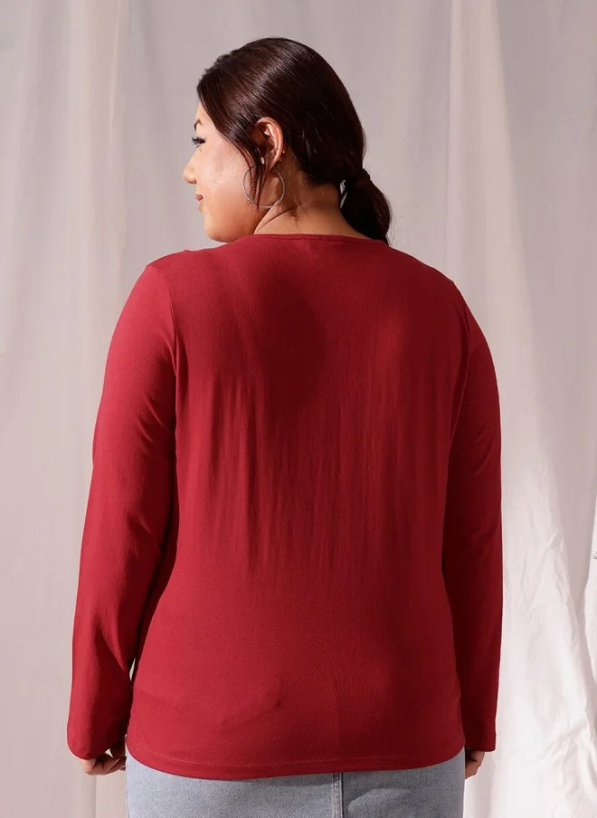 CURVY STREET Red V-Neck Cotton T-Shirt for Women