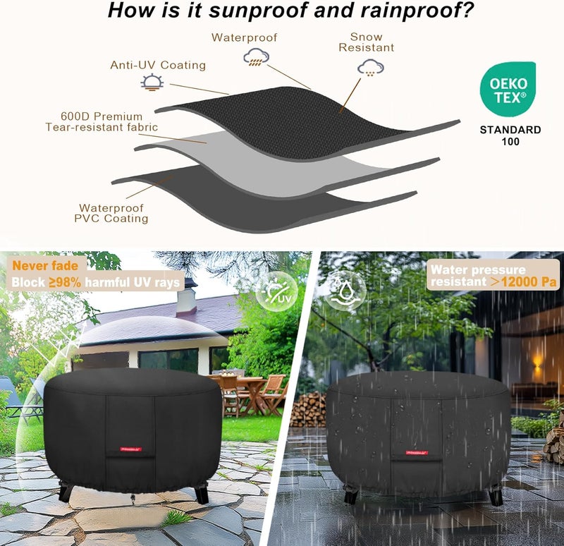 Fire Pit Cover - Waterproof 600D Heavy Duty Fade Resistant Round Patio Fire Bowl Cover Black - 28 inch - Image 4