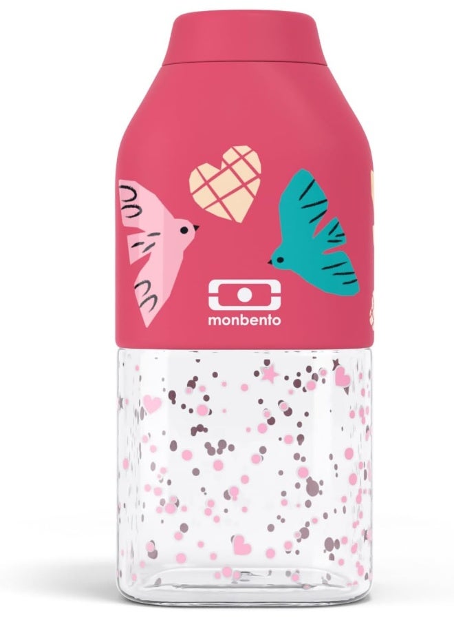 MONBENTO - MB Positive S Pink Birds Children's Bottle - Children's Bottle for School, Sport, Picnic - Mini Plastic Bottle 330 ml Airtight - BPA Free - Pink Bird Design - Image 1