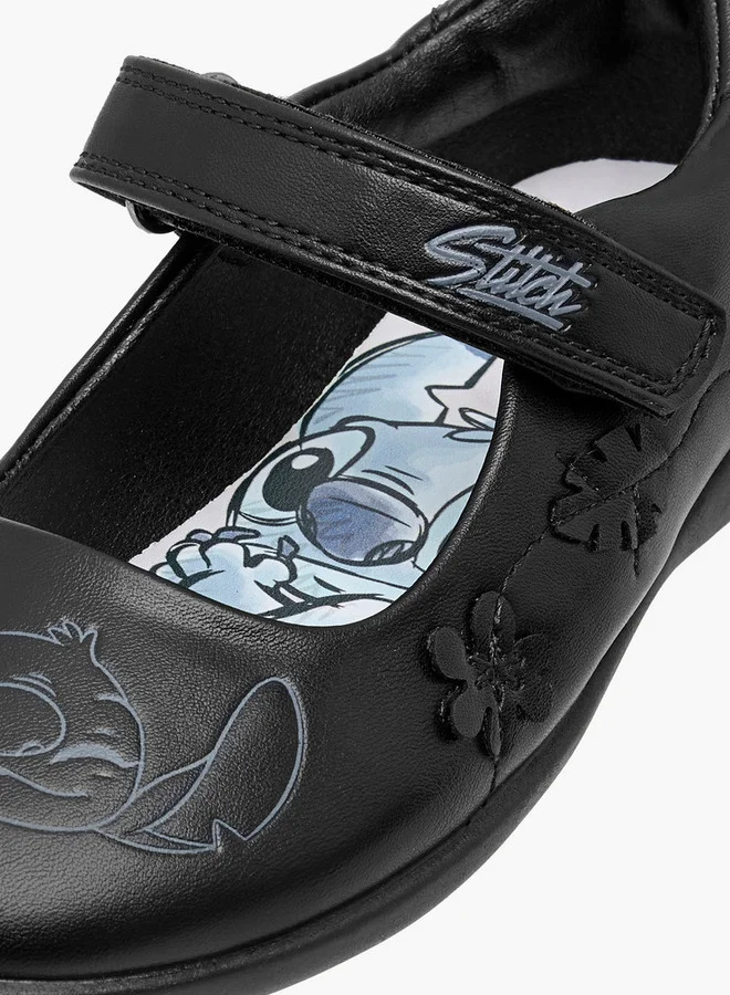 Disney Girls Stitch Embossed Mary Jane School Shoes with Hook and Loop Closure
