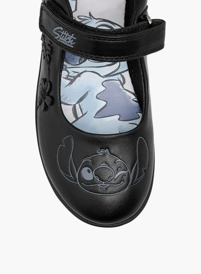 Disney Girls Stitch Embossed Mary Jane School Shoes with Hook and Loop Closure