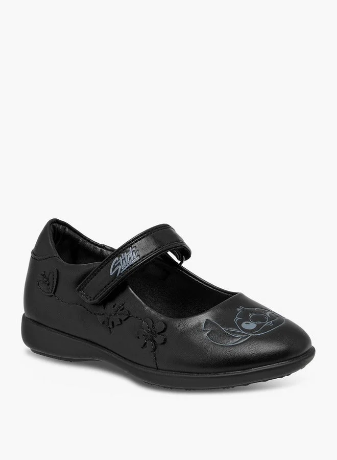 Disney Girls Stitch Embossed Mary Jane School Shoes with Hook and Loop Closure