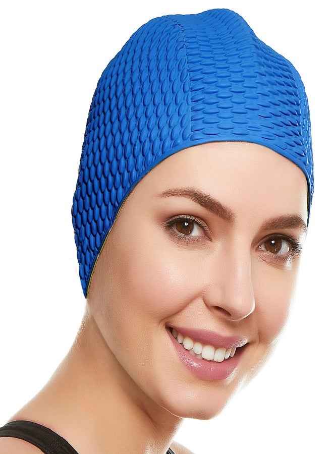Beemo Latex With Embossed Flower Pattern Ornament Swim Bathing Cap - Blue - Image 1