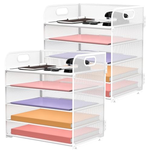 SUPEASY 2 Pack 5Tier White Desk Organizer with Handle Mesh Desk FilePaper Organizer Letter Tray for Office School and Home Easy Installation - Image 1