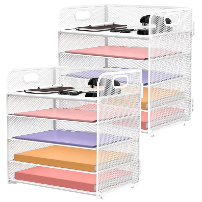 SUPEASY 2 Pack 5Tier White Desk Organizer with Handle Mesh Desk FilePaper Organizer Letter Tray for Office School and Home Easy Installation - Image 2