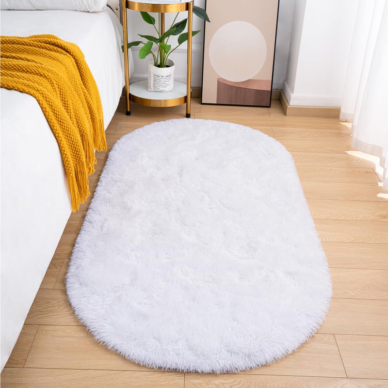 Goideal Fluffy Bedroom Rug Small Oval Area Rugs White Shag Bedside Carpet for Kids Room Nursery Dorm Cute Fuzzy Indoor Decor for Boy and Girl 26 x 52 Feet