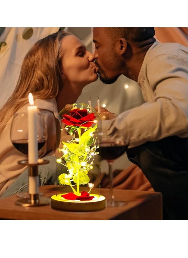 Generic - Birthday Gifts for Women Beauty and the Beast Rose Enchanted Rose Red Silk Rose in Glass Dome with LED Light Pine Base Gifts for Mum Her Grandma Nan Sister Anniversary Valentines Mothers Day Christmas - Image 1