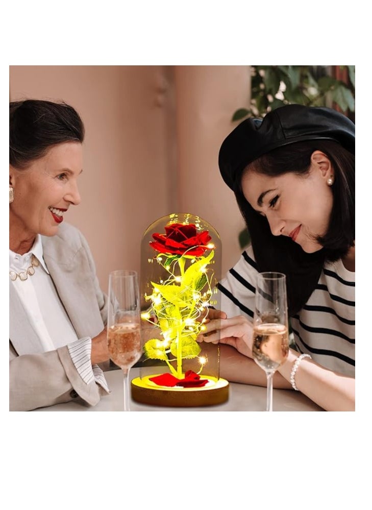 Generic - Birthday Gifts for Women Beauty and the Beast Rose Enchanted Rose Red Silk Rose in Glass Dome with LED Light Pine Base Gifts for Mum Her Grandma Nan Sister Anniversary Valentines Mothers Day Christmas - Image 1