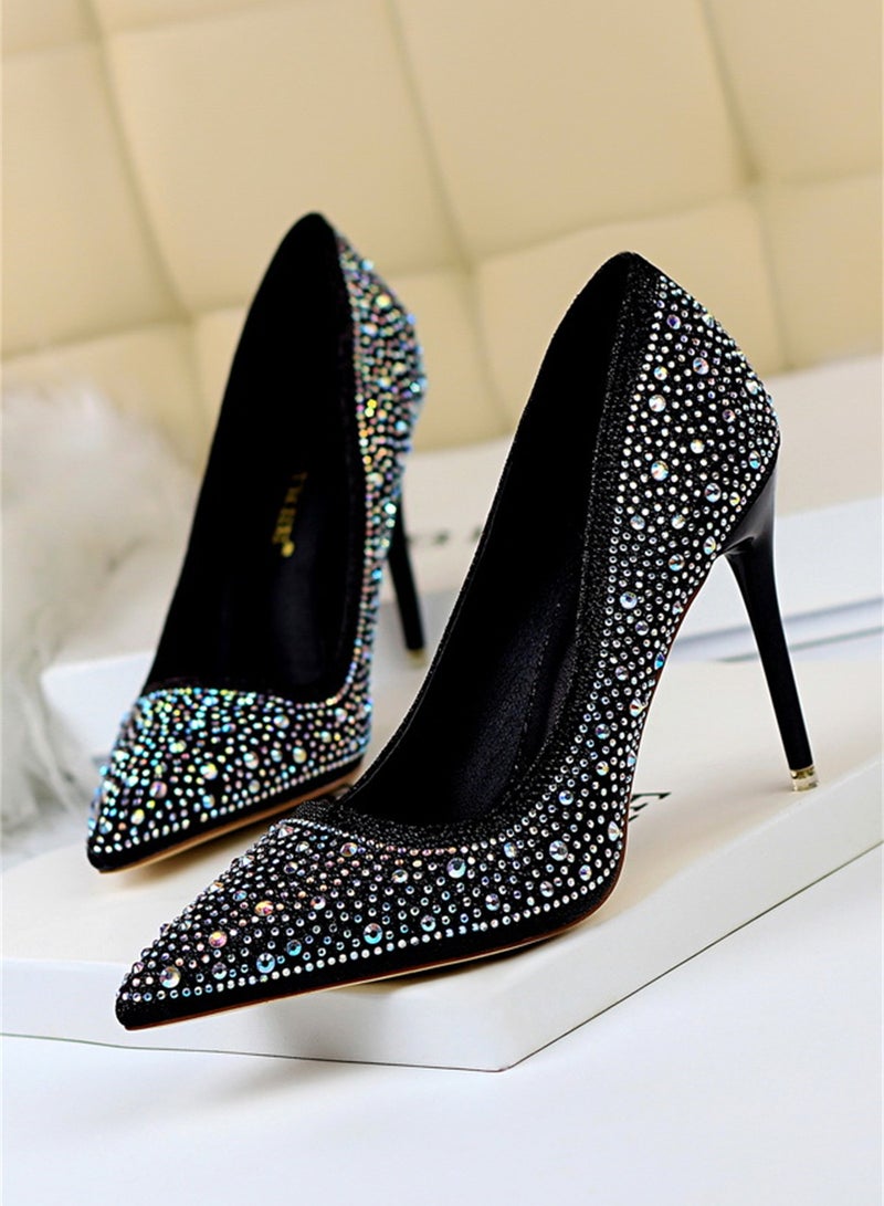 BIGTREE 10cm Fashion Party Women's Shoes Slim Heel Shallow Mouth Pointed Thin Rhinestone Color Diamond High Heel Shoes Black - Image 1