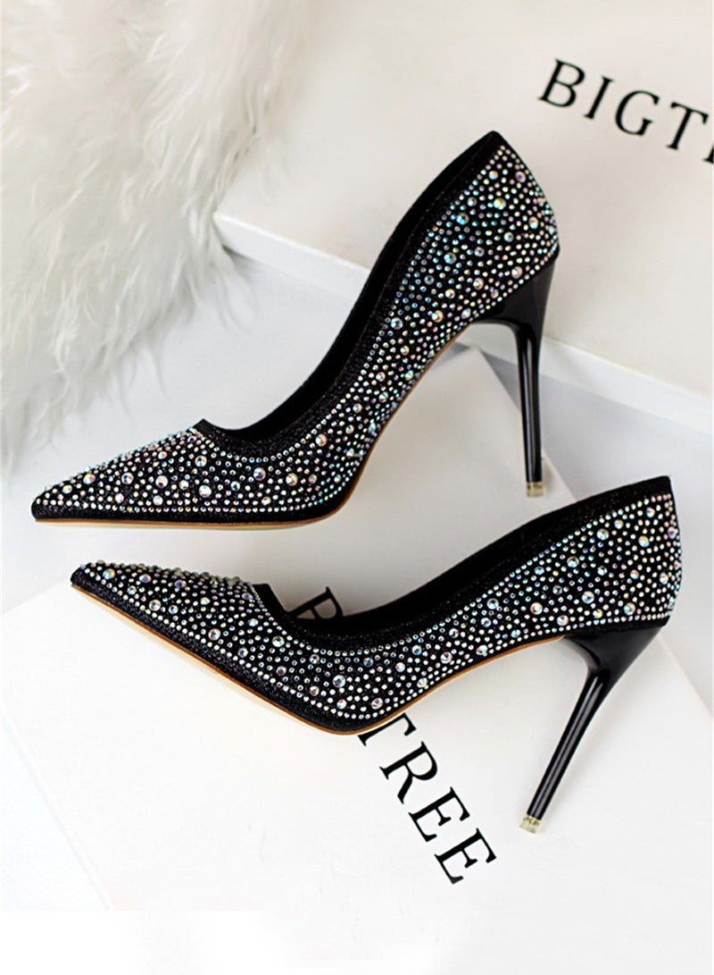 BIGTREE 10cm Fashion Party Women's Shoes Slim Heel Shallow Mouth Pointed Thin Rhinestone Color Diamond High Heel Shoes Black - Image 2