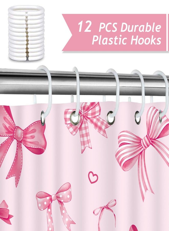 Bonhause Pink Bow Shower Curtain, Cute Cherry Heart Girly Coquette Bathroom Decor 72 x 72 Inch Polyester Fabric Waterproof Bath Curtain with 12 Hooks - Image 3