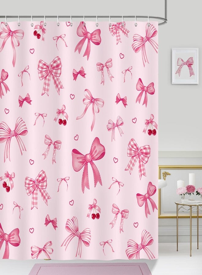 Bonhause Pink Bow Shower Curtain, Cute Cherry Heart Girly Coquette Bathroom Decor 72 x 72 Inch Polyester Fabric Waterproof Bath Curtain with 12 Hooks - Image 1