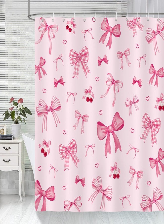Bonhause Pink Bow Shower Curtain, Cute Cherry Heart Girly Coquette Bathroom Decor 72 x 72 Inch Polyester Fabric Waterproof Bath Curtain with 12 Hooks - Image 2